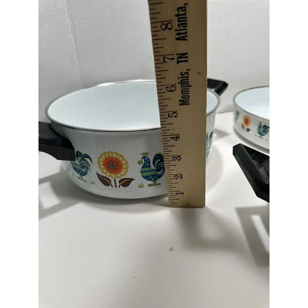 Vtg Lot 3 Enamel Stock Pots Rooster & Poppy Flower‎ 60s 70s Saucer Fry MCM RARE